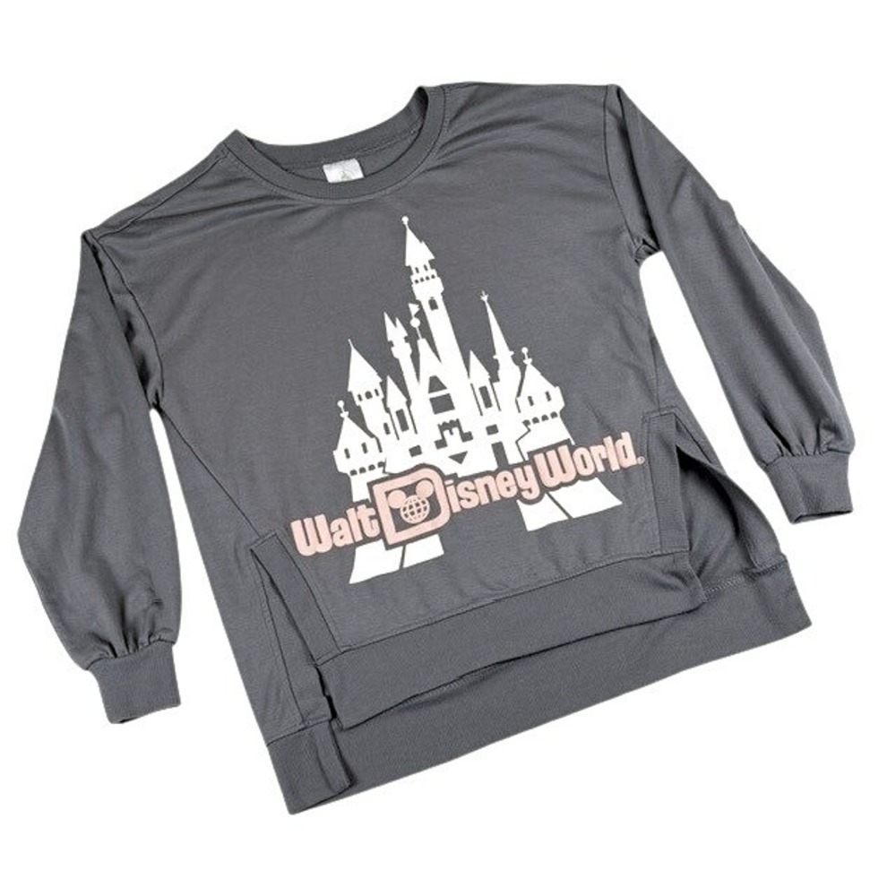 Disney World Womens XS Light Gray Castle Graphic Sweatshirt Side Slits Long Slv